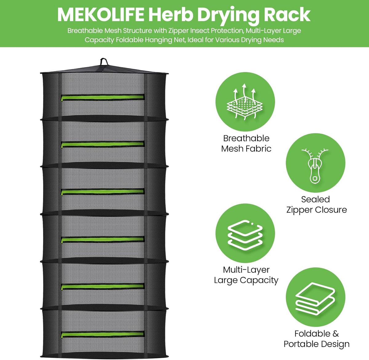MEKOLIFE 8-Layer Herb Drying Rack Hanging, Large Capacity Mesh Net | 23.62 Inch with Zipper, S-Hooks and Bonus Garden Pruning Shears, for Herbs, Flowers, Plants, Indoor and Outdoor Use