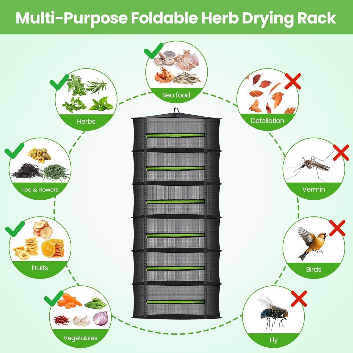 MEKOLIFE 8-Layer Herb Drying Rack Hanging, Large Capacity Mesh Net | 23.62 Inch with Zipper, S-Hooks and Bonus Garden Pruning Shears, for Herbs, Flowers, Plants, Indoor and Outdoor Use