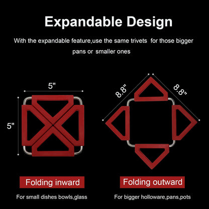 Set of 5 Silicone Trivet Mat Expandable Hot Pot Holder with Stainless Steel Frame for Home Kitchen Heat Resistant Insulated Hot Pads Coasters Table Dish Mat Tableware Placemat for Hot Pans Bowls