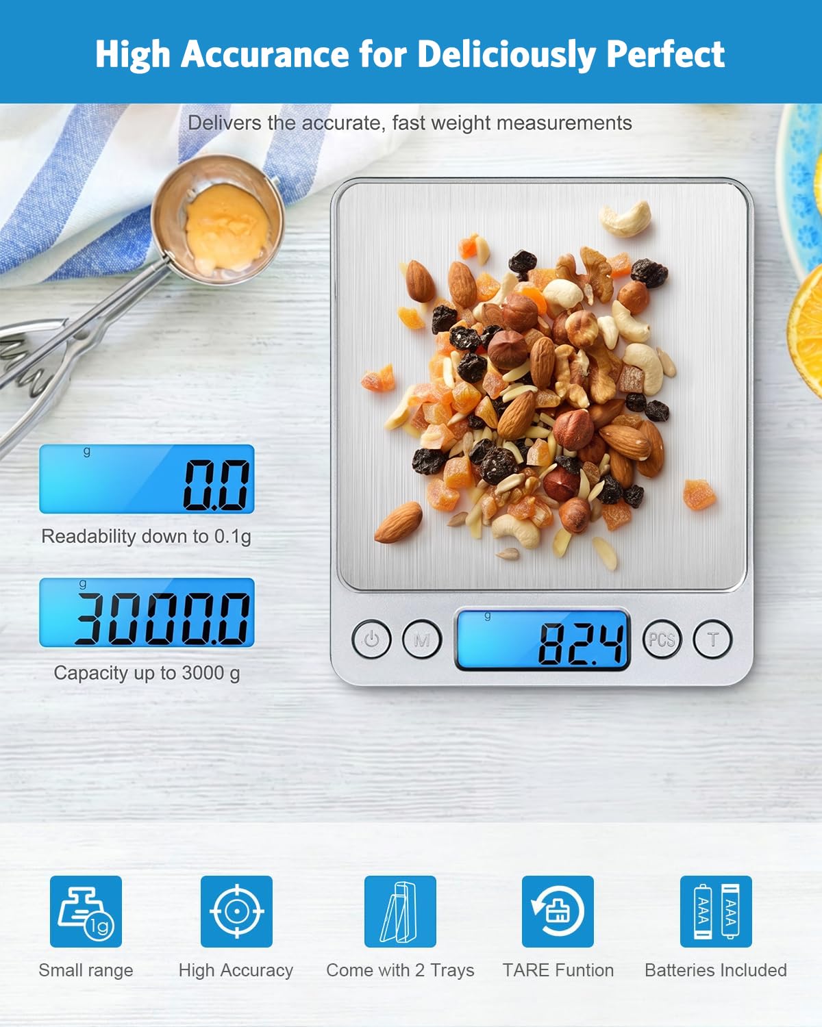 Digital Kitchen Scale, 3000g 0.01oz/ 0.1g Pocket Coffee Scale, Mini Food Scale, Pro Electronic Jewelry Scale with Back-Lit LCD Display, Tare & PCS Functions, Stainless Steel, Batteries Included