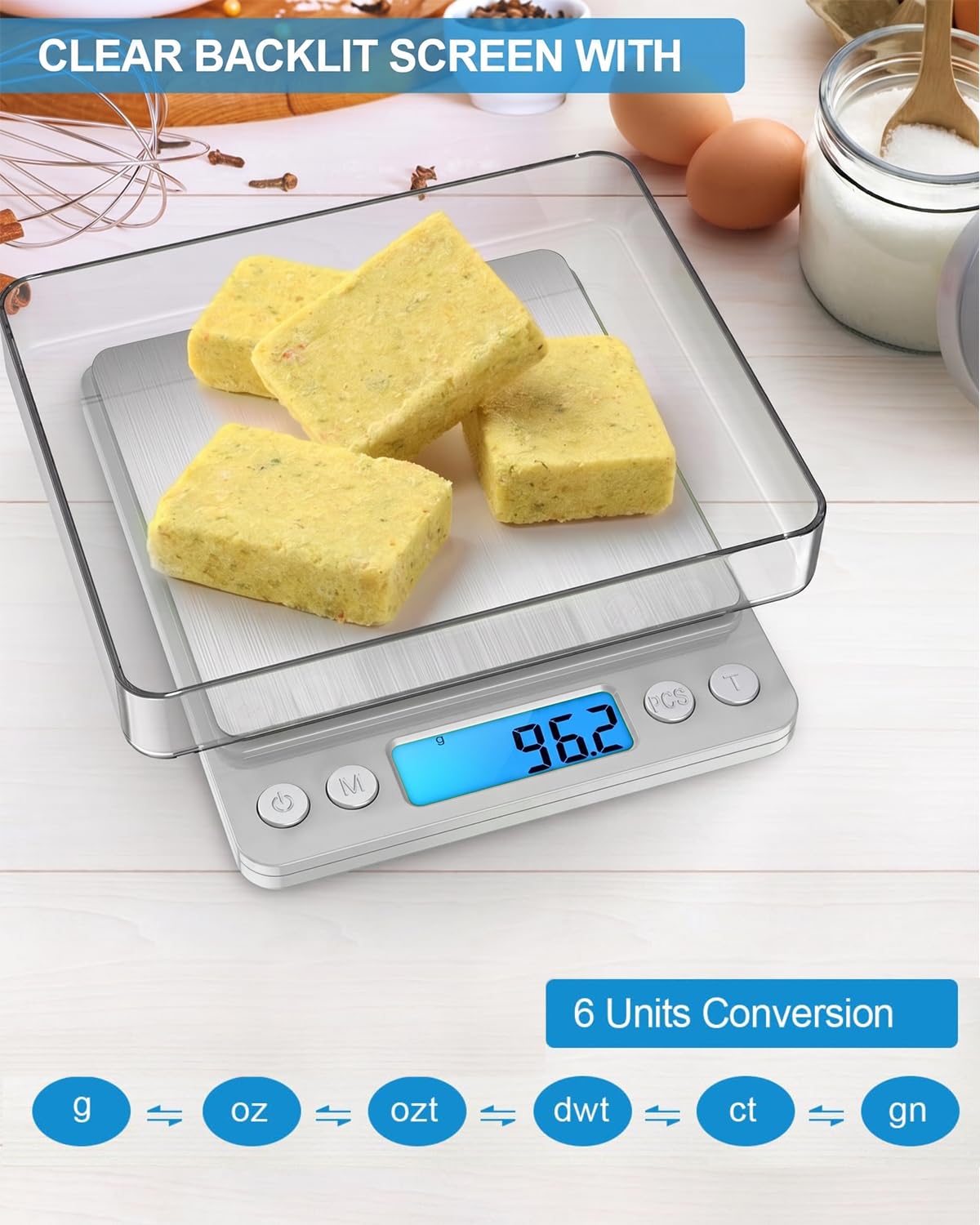 Digital Kitchen Scale, 3000g 0.01oz/ 0.1g Pocket Coffee Scale, Mini Food Scale, Pro Electronic Jewelry Scale with Back-Lit LCD Display, Tare & PCS Functions, Stainless Steel, Batteries Included
