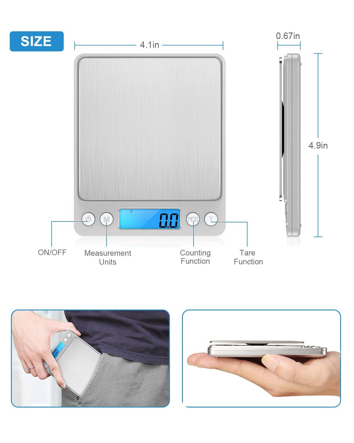 Digital Kitchen Scale, 3000g 0.01oz/ 0.1g Pocket Coffee Scale, Mini Food Scale, Pro Electronic Jewelry Scale with Back-Lit LCD Display, Tare & PCS Functions, Stainless Steel, Batteries Included