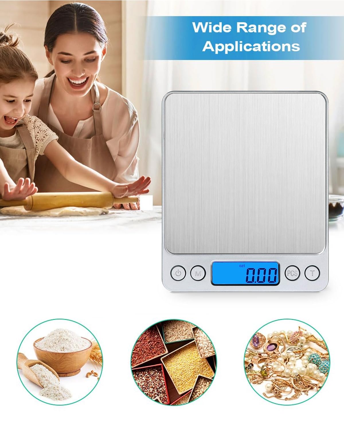 Digital Kitchen Scale, 3000g 0.01oz/ 0.1g Pocket Coffee Scale, Mini Food Scale, Pro Electronic Jewelry Scale with Back-Lit LCD Display, Tare & PCS Functions, Stainless Steel, Batteries Included