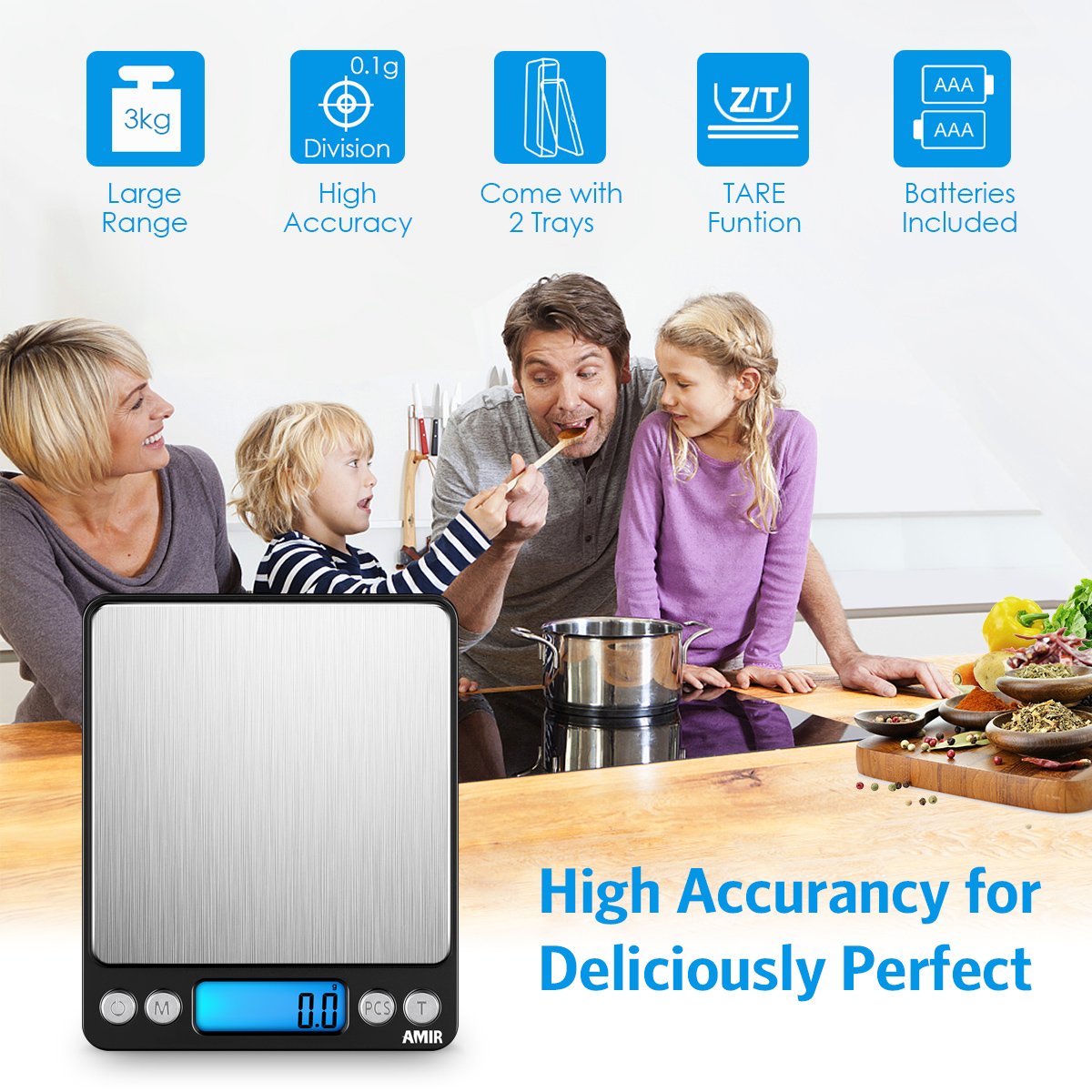 Digital Kitchen Scale, 3000g 0.01oz/ 0.1g Pocket Coffee Scale, Mini Food Scale, Pro Electronic Jewelry Scale with Back-Lit LCD Display, Tare & PCS Functions, Stainless Steel, Batteries Included
