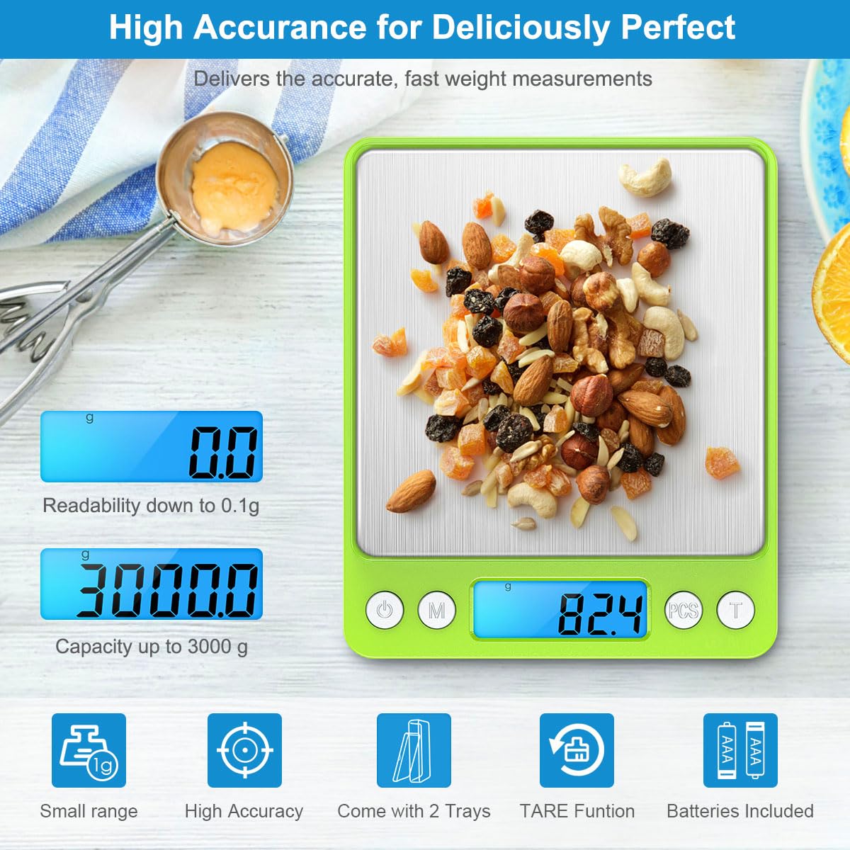 Digital Kitchen Scale, 3000g 0.01oz/ 0.1g Pocket Coffee Scale, Mini Food Scale, Pro Electronic Jewelry Scale with Back-Lit LCD Display, Tare & PCS Functions, Stainless Steel, Batteries Included