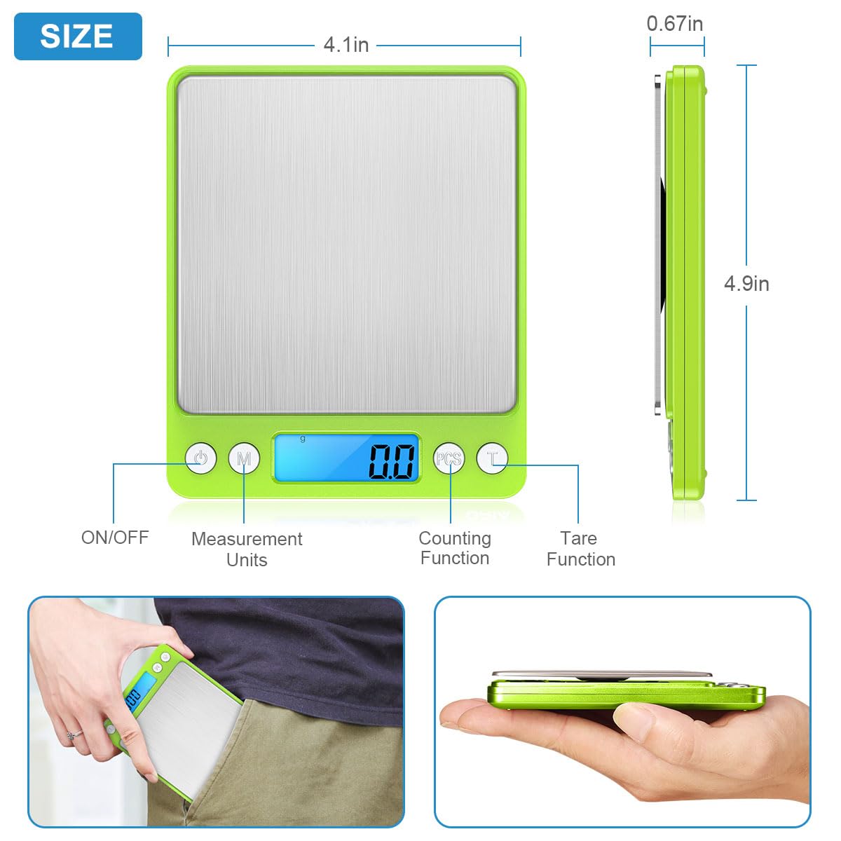 Digital Kitchen Scale, 3000g 0.01oz/ 0.1g Pocket Coffee Scale, Mini Food Scale, Pro Electronic Jewelry Scale with Back-Lit LCD Display, Tare & PCS Functions, Stainless Steel, Batteries Included