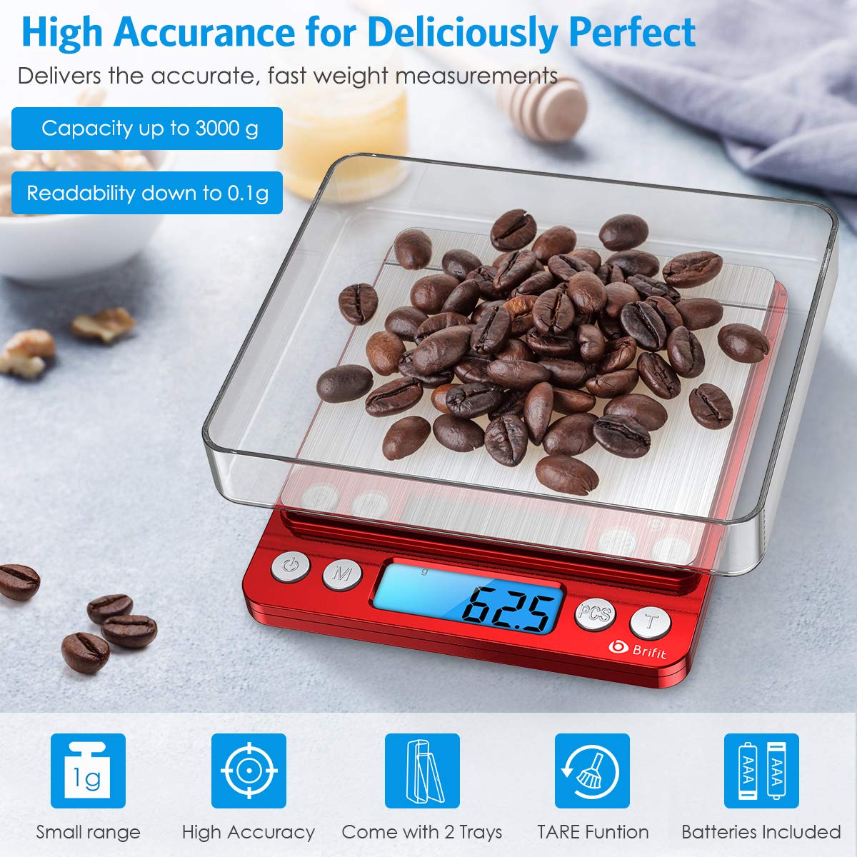 Digital Kitchen Scale, 3000g 0.01oz/ 0.1g Pocket Coffee Scale, Mini Food Scale, Pro Electronic Jewelry Scale with Back-Lit LCD Display, Tare & PCS Functions, Stainless Steel, Batteries Included