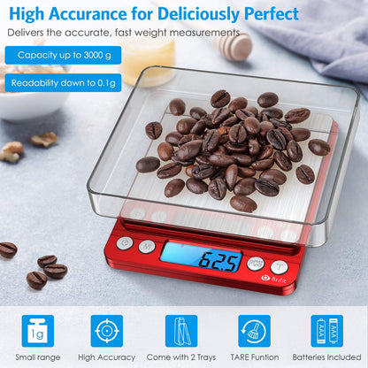 Digital Kitchen Scale, 3000g 0.01oz/ 0.1g Pocket Coffee Scale, Mini Food Scale, Pro Electronic Jewelry Scale with Back-Lit LCD Display, Tare & PCS Functions, Stainless Steel, Batteries Included