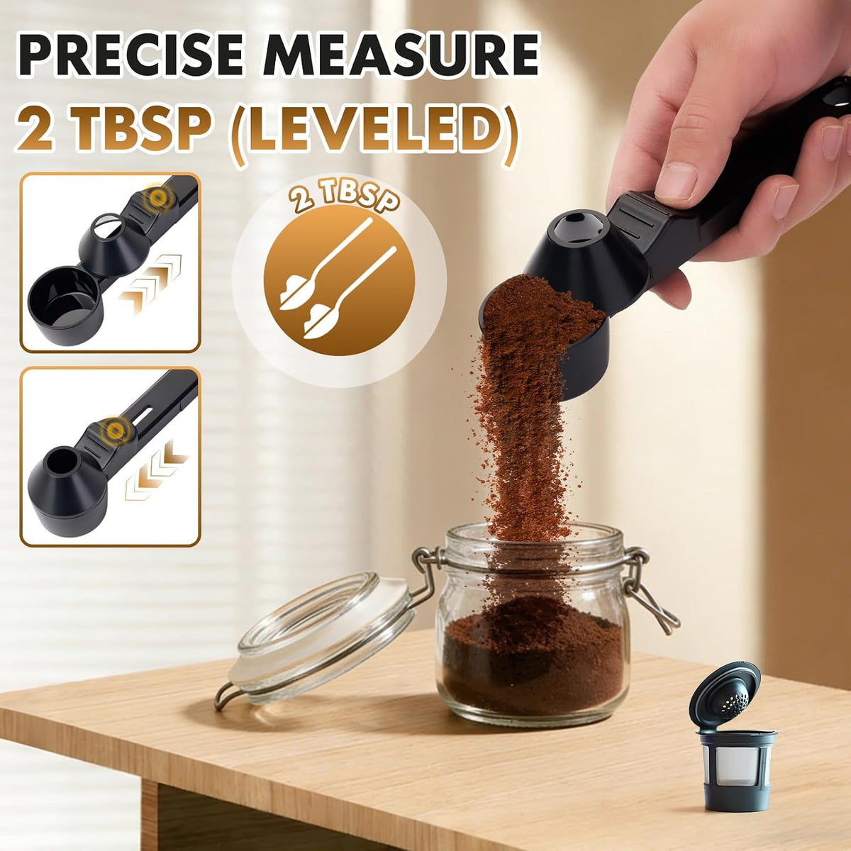 Coffee Scoop with Funnel for Ground Coffee, Protein Powder & Tea, for Reusable K-Cup Refillable Pods, 2 Tablespoon Mess-Free, Funnel Design Prevents Spills (Black, 1 Pack)
