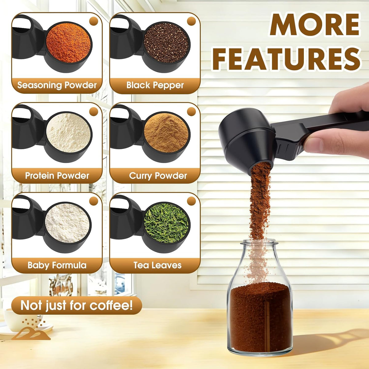 Coffee Scoop with Funnel for Ground Coffee, Protein Powder & Tea, for Reusable K-Cup Refillable Pods, 2 Tablespoon Mess-Free, Funnel Design Prevents Spills (Black, 1 Pack)