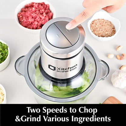 Food Processor, Electric Meat Grinder & Food Chopper with 400W Powerful Veggie Chopper-2 Bowls（8 Cup+8 Cup） & 2 Bi-Level Blades for Meat/Fish/Vegetable/Baby Food（Sliver Button）