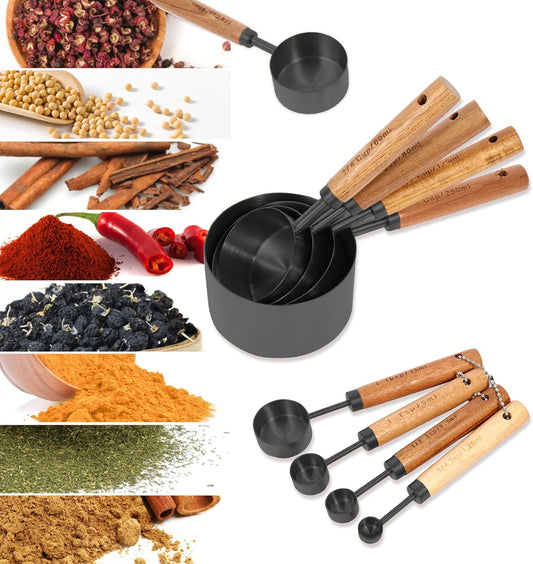 Measuring Cups and Spoons Set with Fragrant Wood Handles, Microwave safe | Premium Stainless Steel, Dishwasher safe, Precision Measuring Cup Set for the Kitchen Enthusiast , 8 Piece (Black)