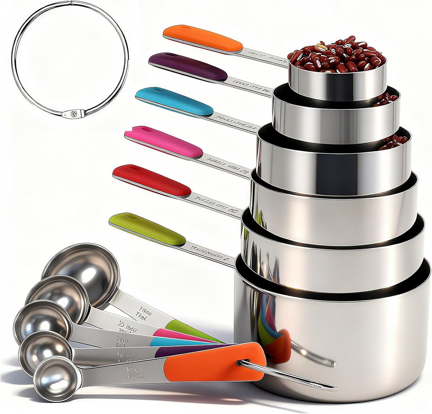 Measuring Cups and Spoons Set Stainless Steel 10 Piece for Cooking and Baking (5 Cups + 5 Spoons, Colorful Handles)