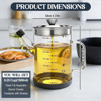 6.25 Cups / 1.5L Glass Fat Separator Bacon Oil Container with Strainer 50 oz Separator for Kitchen Cooking Grease Strainer Frying Oil Storage Can Transparent Silicone Bottom and Stopper