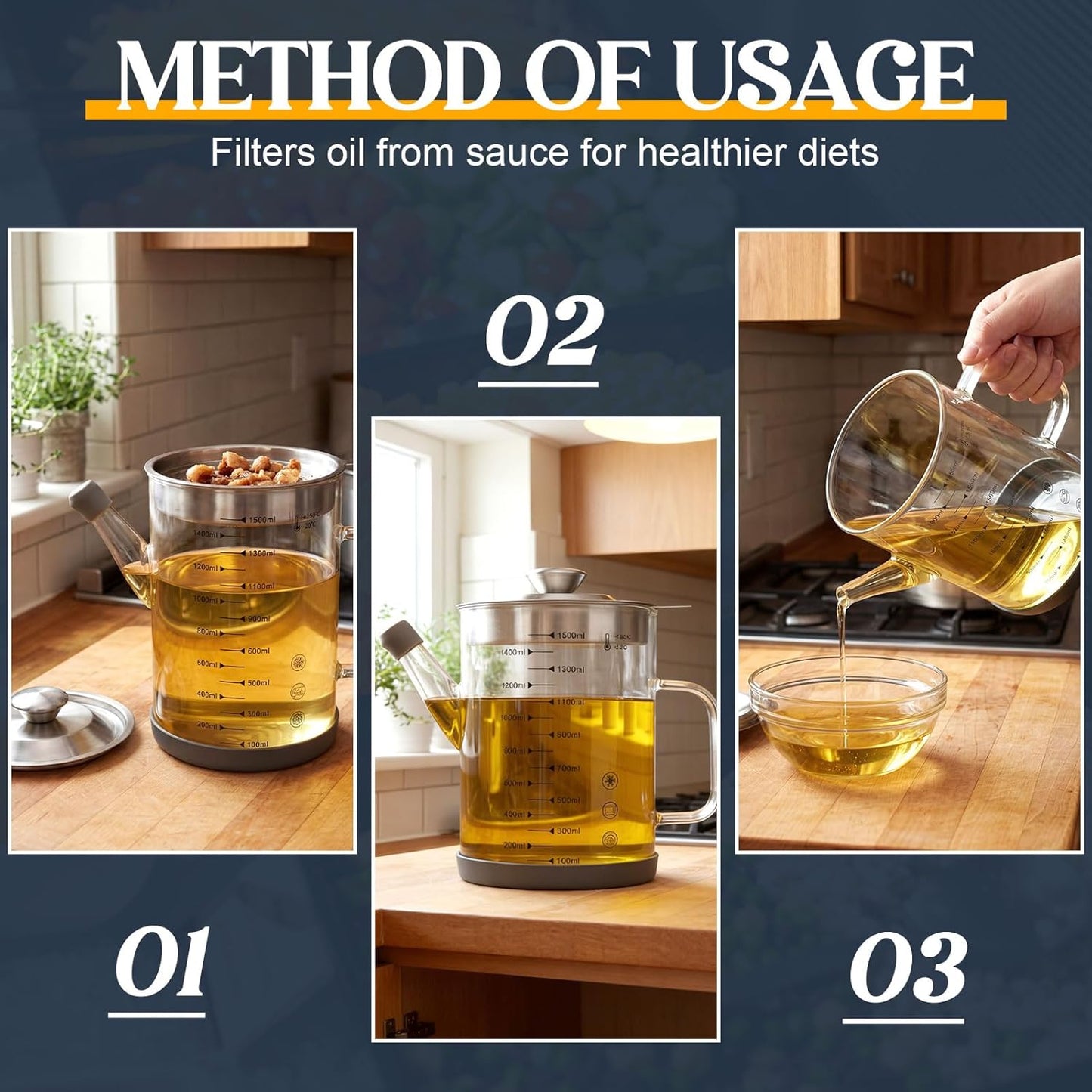 6.25 Cups / 1.5L Glass Fat Separator Bacon Oil Container with Strainer 50 oz Separator for Kitchen Cooking Grease Strainer Frying Oil Storage Can Transparent Silicone Bottom and Stopper