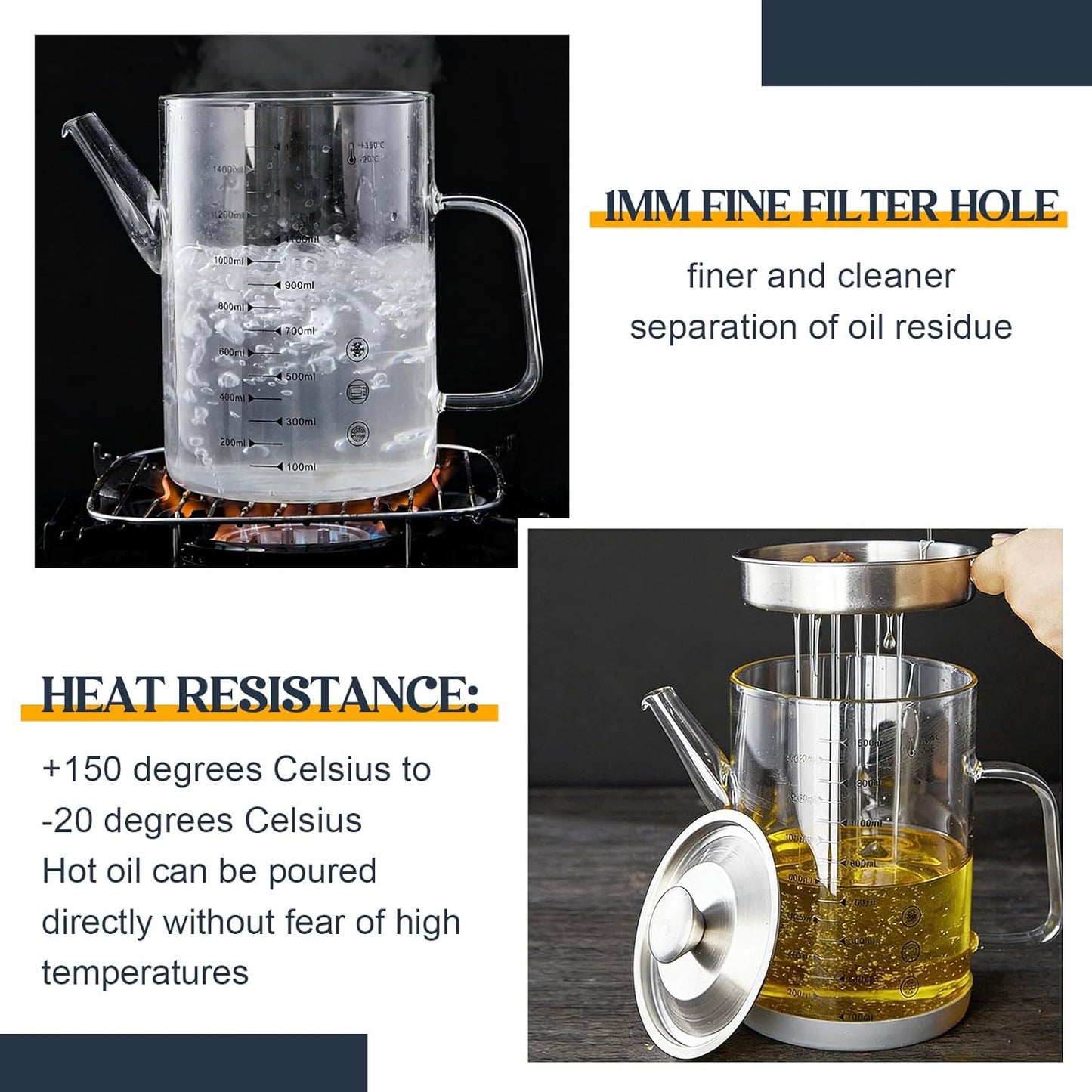 6.25 Cups / 1.5L Glass Fat Separator Bacon Oil Container with Strainer 50 oz Separator for Kitchen Cooking Grease Strainer Frying Oil Storage Can Transparent Silicone Bottom and Stopper