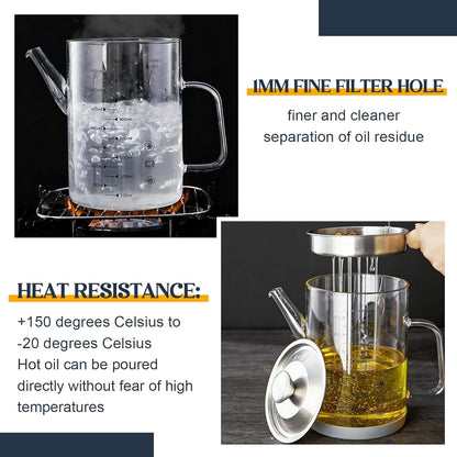 6.25 Cups / 1.5L Glass Fat Separator Bacon Oil Container with Strainer 50 oz Separator for Kitchen Cooking Grease Strainer Frying Oil Storage Can Transparent Silicone Bottom and Stopper