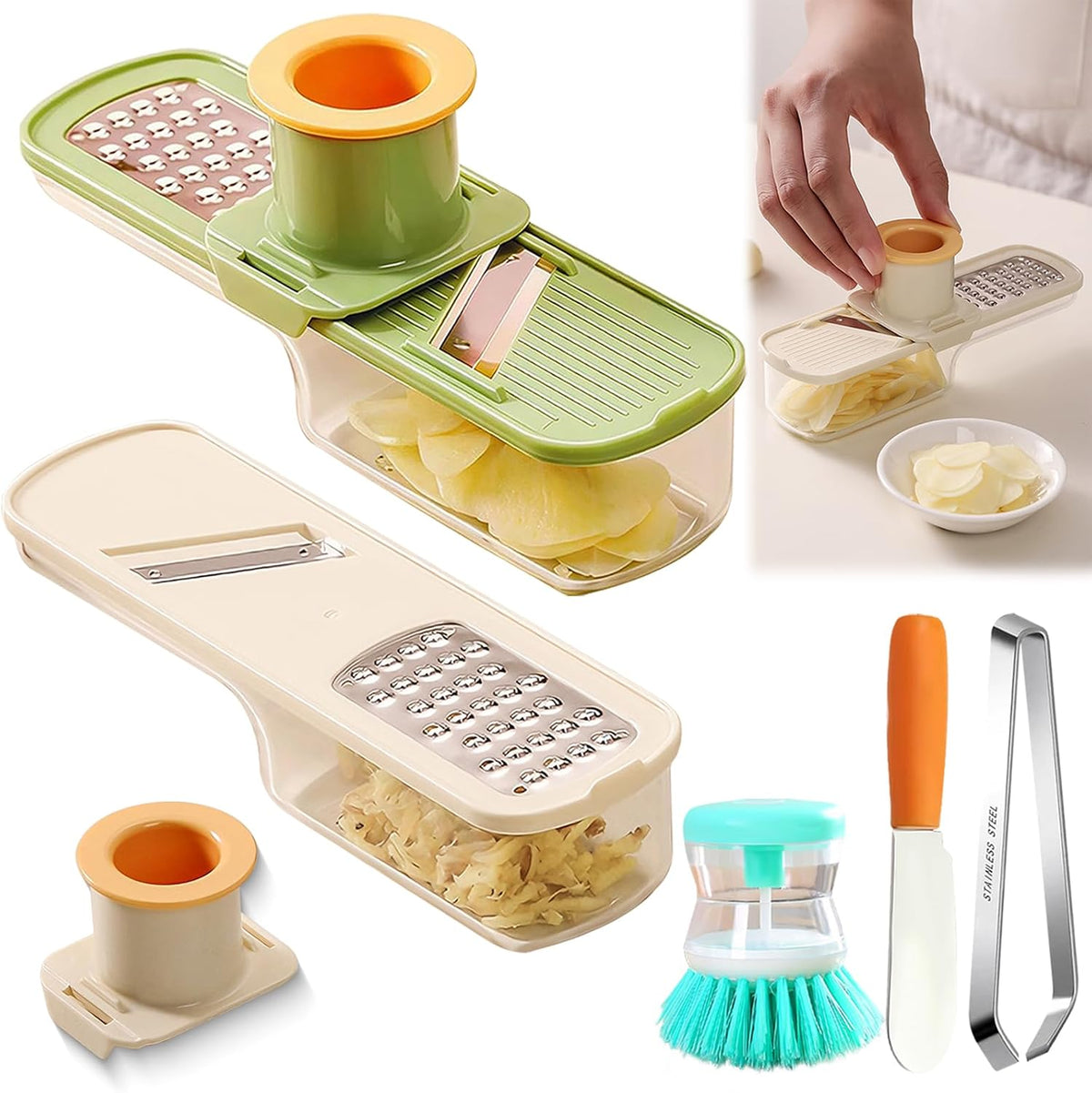 2Pcs Mini Garlic Slicers, Multifunctional Garlic Grinder, 3 in 1 Ginger Garlic Grater with Hand Guard, Multi-Functional Mandoline Slicer Container, Veggie/clove/Ginger Shredders