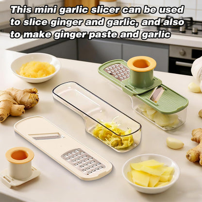 2Pcs Mini Garlic Slicers, Multifunctional Garlic Grinder, 3 in 1 Ginger Garlic Grater with Hand Guard, Multi-Functional Mandoline Slicer Container, Veggie/clove/Ginger Shredders