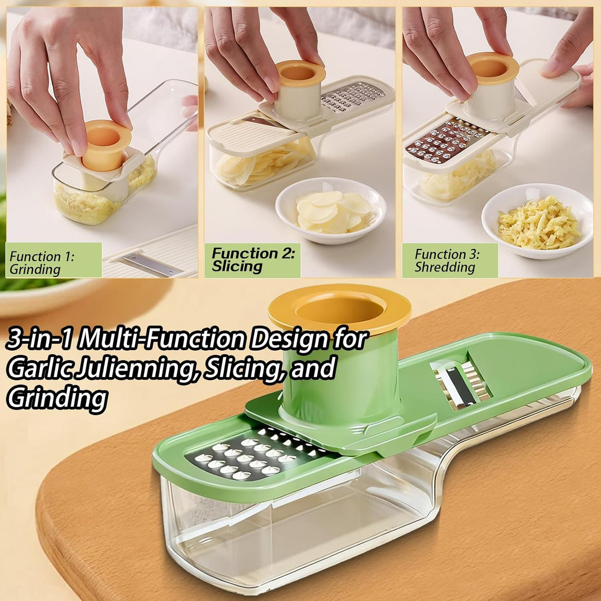 2Pcs Mini Garlic Slicers, Multifunctional Garlic Grinder, 3 in 1 Ginger Garlic Grater with Hand Guard, Multi-Functional Mandoline Slicer Container, Veggie/clove/Ginger Shredders
