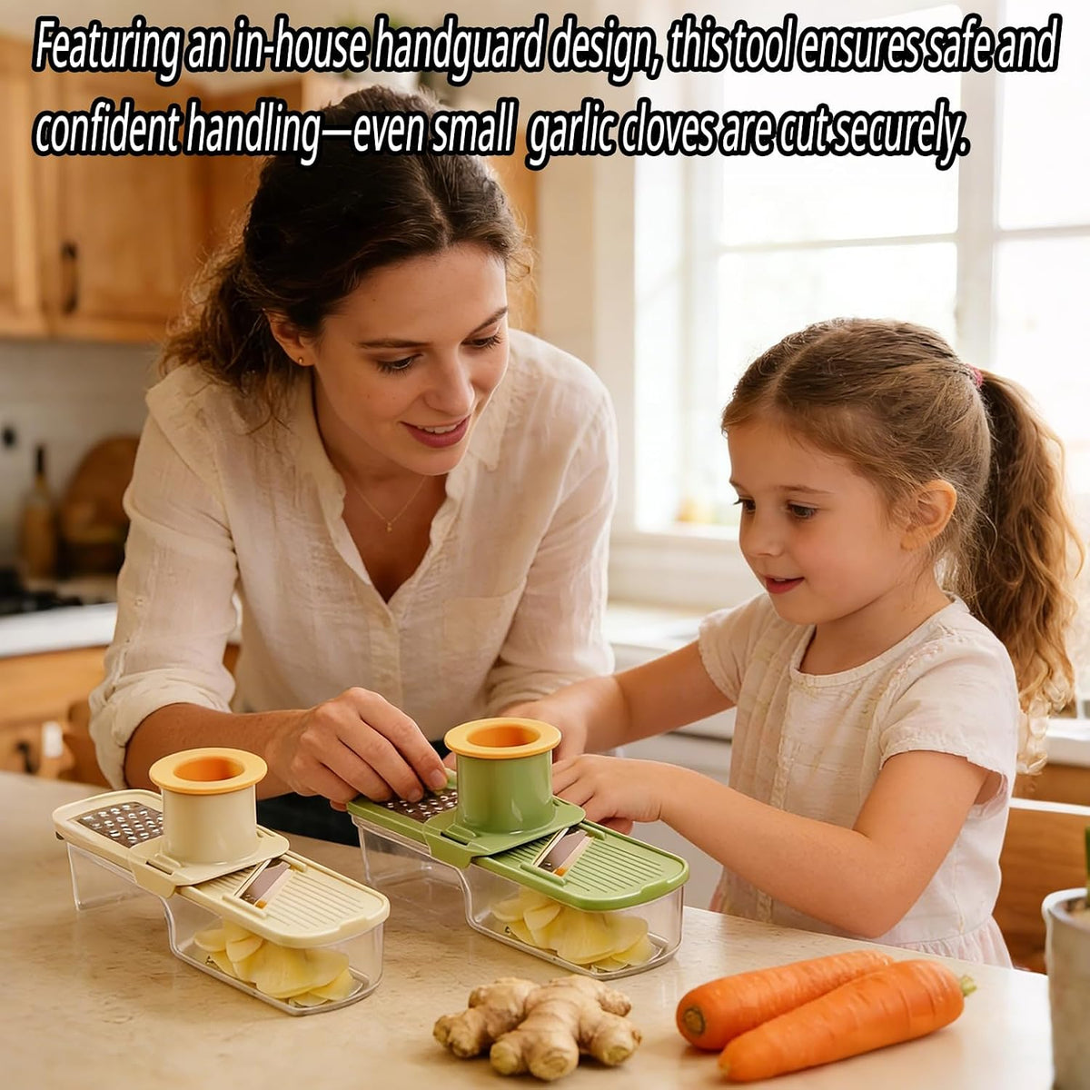2Pcs Mini Garlic Slicers, Multifunctional Garlic Grinder, 3 in 1 Ginger Garlic Grater with Hand Guard, Multi-Functional Mandoline Slicer Container, Veggie/clove/Ginger Shredders