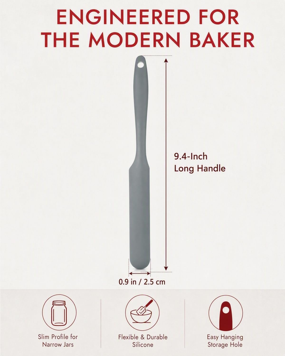 Sourdough Spatula, 9.4" Long Silicone Jar Scraper Grey