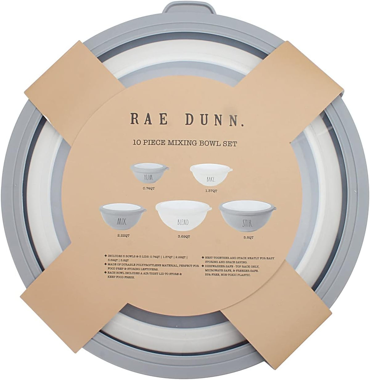 Mixing Bowls with Lids - 10 Piece Plastic Nesting Bowls Set includes 5 Prep Bowls and 5 Lids (Grey)