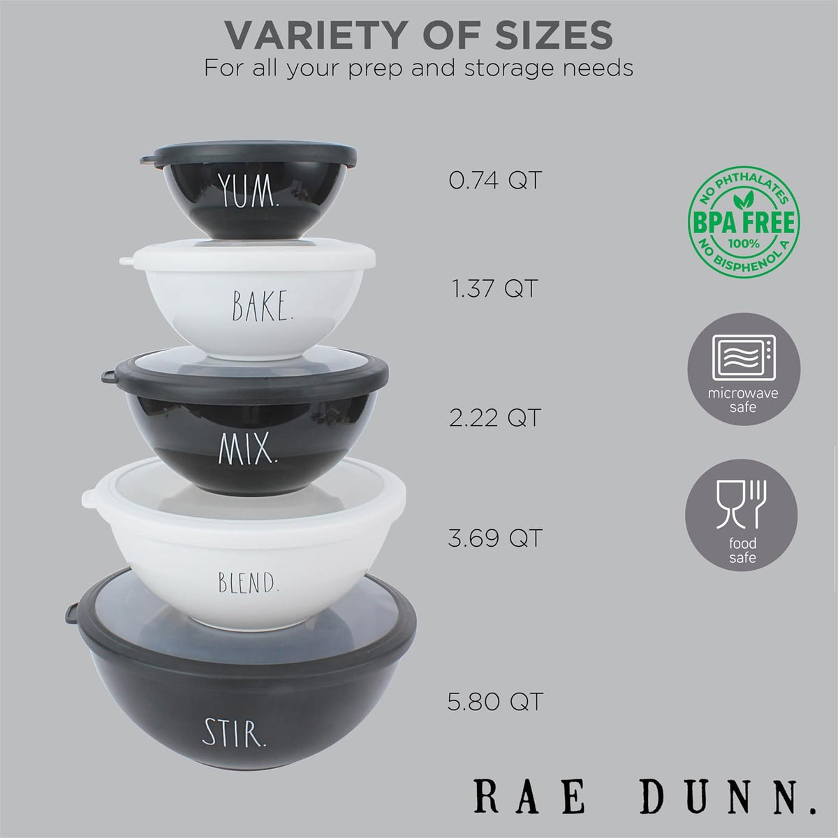 Mixing Bowls with Lids - 10 Piece Plastic Nesting Bowls Set includes 5 Prep Bowls and 5 Lids (Grey)