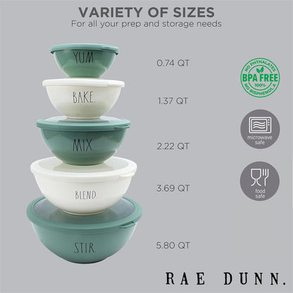 Mixing Bowls with Lids - 10 Piece Plastic Nesting Bowls Set includes 5 Prep Bowls and 5 Lids (Grey)