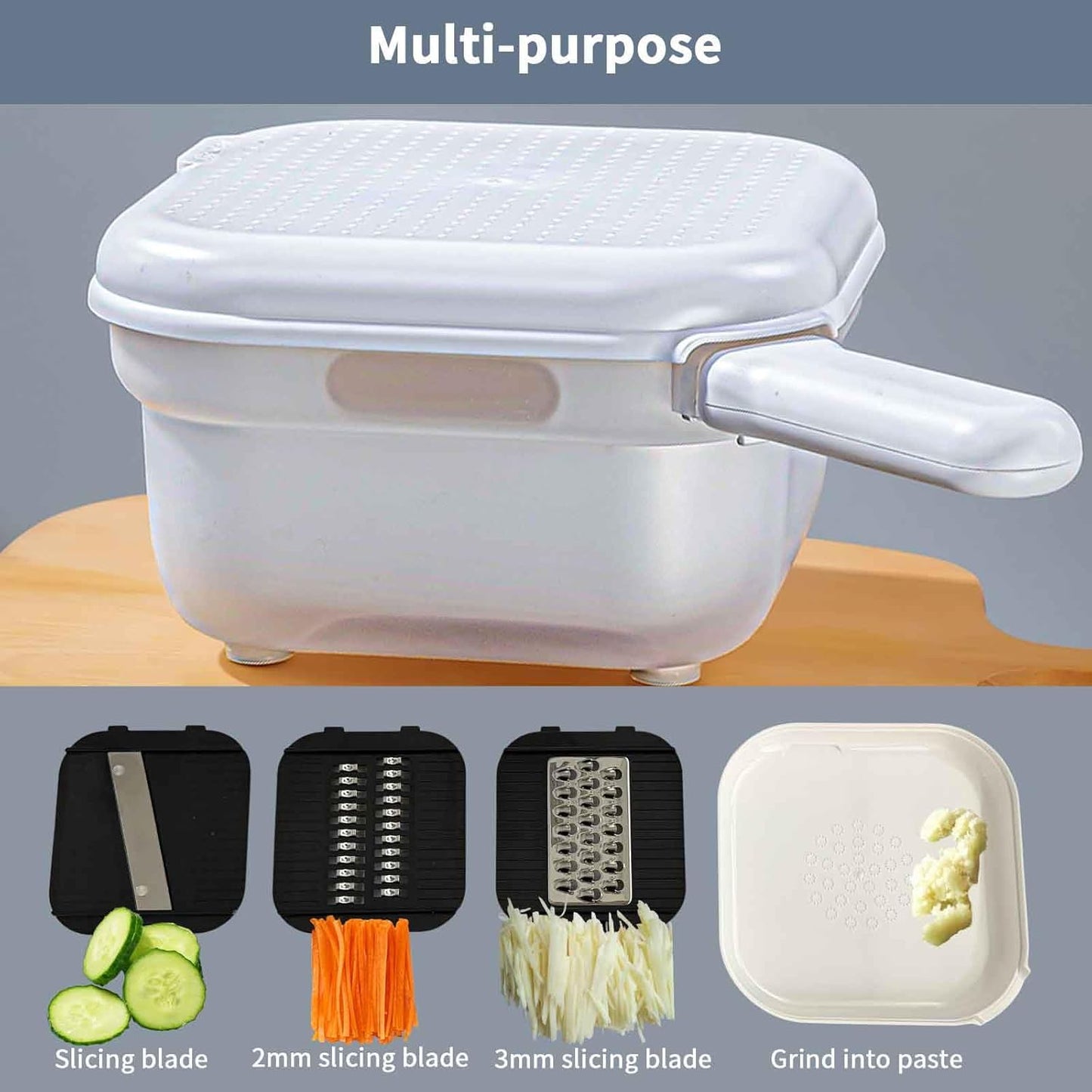 Hand Safe Mandoline Slicer with 3mm Blades Vegetable Cutter for Potato, Carrot, Onion, Garlic, White (4-in-1)