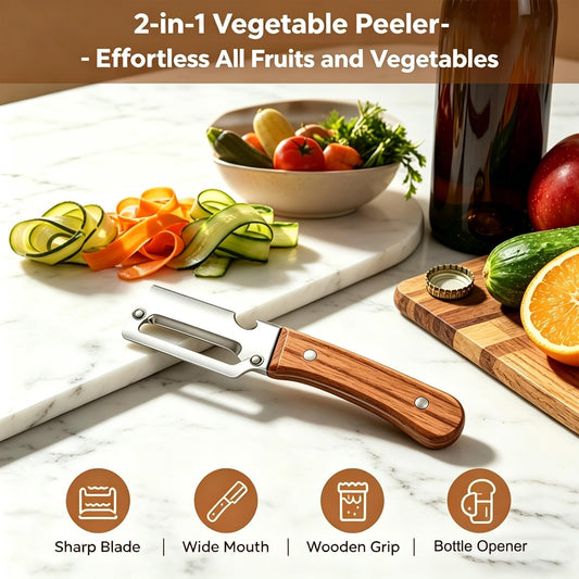 2-in-1 Multifunctional Vegetable Peeler, Premium Vegetable Peeler with Wooden Handle and Bottle Opener, Kitchen Tool for Fruit Apple Potato Pumpkin Papaya (1PC)