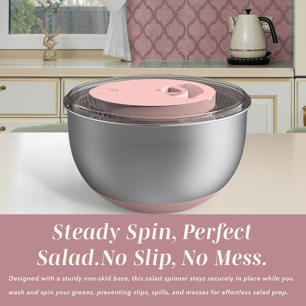 Stainless Steel Salad Spinner - 5 Qt. Lettuce Washer And Vegetable Spinner Dryer for Easy Salad Prep - Non Slip Base with Pull Handle - Auto Stop Brake System, Stain and Odor Resistant