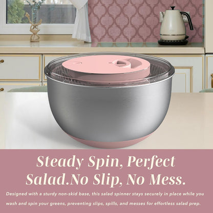 Stainless Steel Salad Spinner - 5 Qt. Lettuce Washer And Vegetable Spinner Dryer for Easy Salad Prep - Non Slip Base with Pull Handle - Auto Stop Brake System, Stain and Odor Resistant