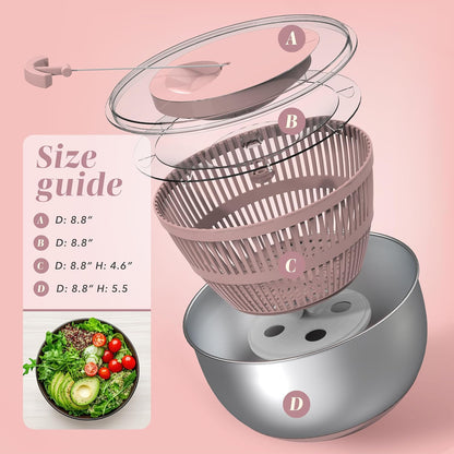 Stainless Steel Salad Spinner - 5 Qt. Lettuce Washer And Vegetable Spinner Dryer for Easy Salad Prep - Non Slip Base with Pull Handle - Auto Stop Brake System, Stain and Odor Resistant