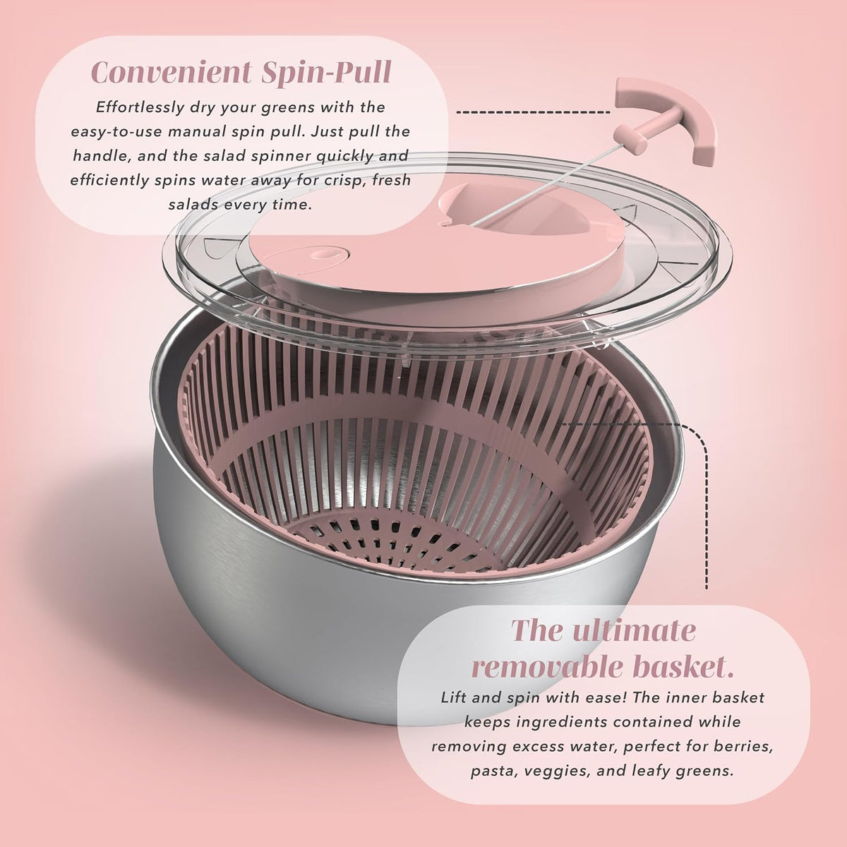 Stainless Steel Salad Spinner - 5 Qt. Lettuce Washer And Vegetable Spinner Dryer for Easy Salad Prep - Non Slip Base with Pull Handle - Auto Stop Brake System, Stain and Odor Resistant