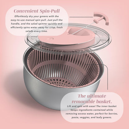 Stainless Steel Salad Spinner - 5 Qt. Lettuce Washer And Vegetable Spinner Dryer for Easy Salad Prep - Non Slip Base with Pull Handle - Auto Stop Brake System, Stain and Odor Resistant
