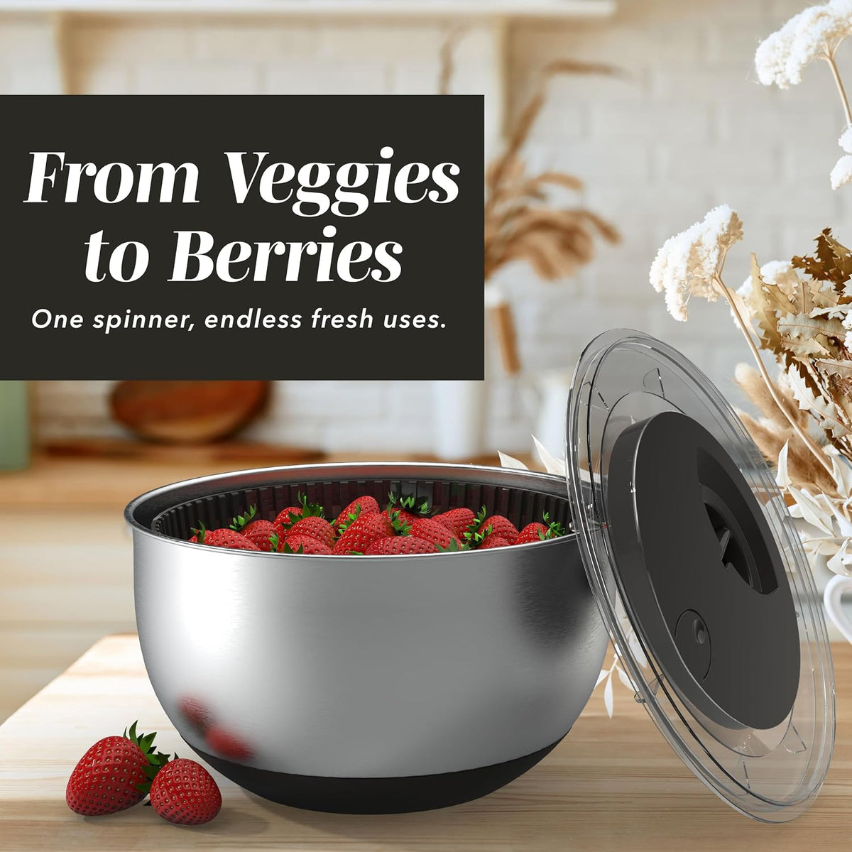 Stainless Steel Salad Spinner - 5 Qt. Lettuce Washer And Vegetable Spinner Dryer for Easy Salad Prep - Non Slip Base with Pull Handle - Auto Stop Brake System, Stain and Odor Resistant