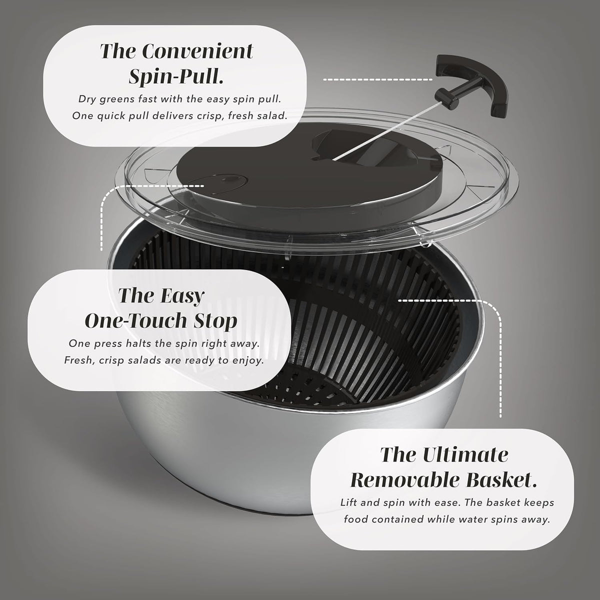 Stainless Steel Salad Spinner - 5 Qt. Lettuce Washer And Vegetable Spinner Dryer for Easy Salad Prep - Non Slip Base with Pull Handle - Auto Stop Brake System, Stain and Odor Resistant