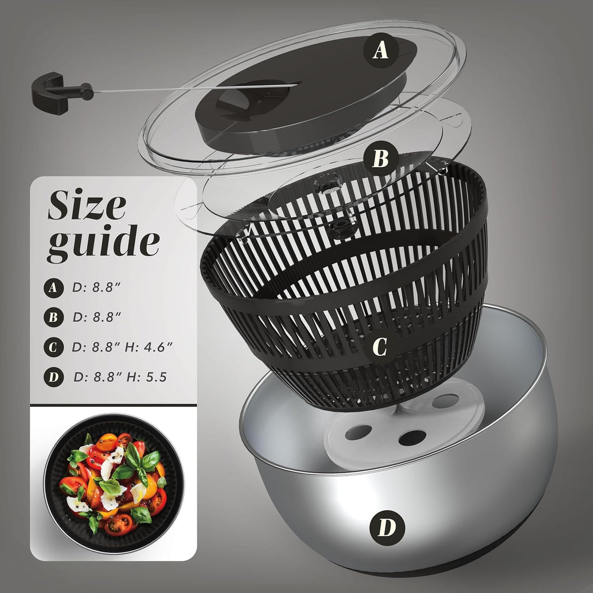 Stainless Steel Salad Spinner - 5 Qt. Lettuce Washer And Vegetable Spinner Dryer for Easy Salad Prep - Non Slip Base with Pull Handle - Auto Stop Brake System, Stain and Odor Resistant