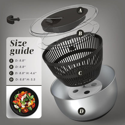 Stainless Steel Salad Spinner - 5 Qt. Lettuce Washer And Vegetable Spinner Dryer for Easy Salad Prep - Non Slip Base with Pull Handle - Auto Stop Brake System, Stain and Odor Resistant
