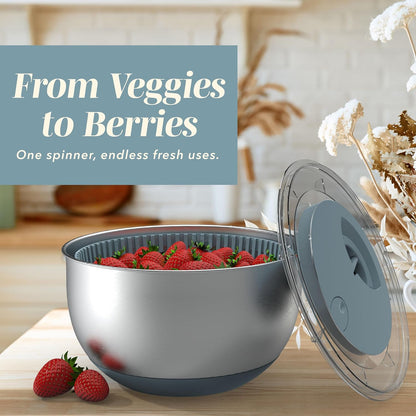 Stainless Steel Salad Spinner - 5 Qt. Lettuce Washer And Vegetable Spinner Dryer for Easy Salad Prep - Non Slip Base with Pull Handle - Auto Stop Brake System, Stain and Odor Resistant