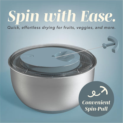 Stainless Steel Salad Spinner - 5 Qt. Lettuce Washer And Vegetable Spinner Dryer for Easy Salad Prep - Non Slip Base with Pull Handle - Auto Stop Brake System, Stain and Odor Resistant