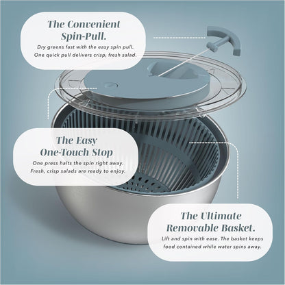 Stainless Steel Salad Spinner - 5 Qt. Lettuce Washer And Vegetable Spinner Dryer for Easy Salad Prep - Non Slip Base with Pull Handle - Auto Stop Brake System, Stain and Odor Resistant