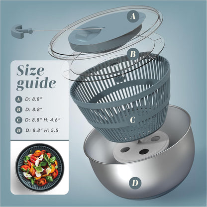 Stainless Steel Salad Spinner - 5 Qt. Lettuce Washer And Vegetable Spinner Dryer for Easy Salad Prep - Non Slip Base with Pull Handle - Auto Stop Brake System, Stain and Odor Resistant