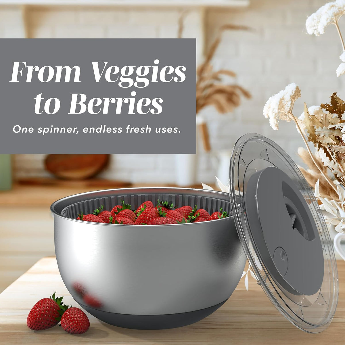 Stainless Steel Salad Spinner - 5 Qt. Lettuce Washer And Vegetable Spinner Dryer for Easy Salad Prep - Non Slip Base with Pull Handle - Auto Stop Brake System, Stain and Odor Resistant