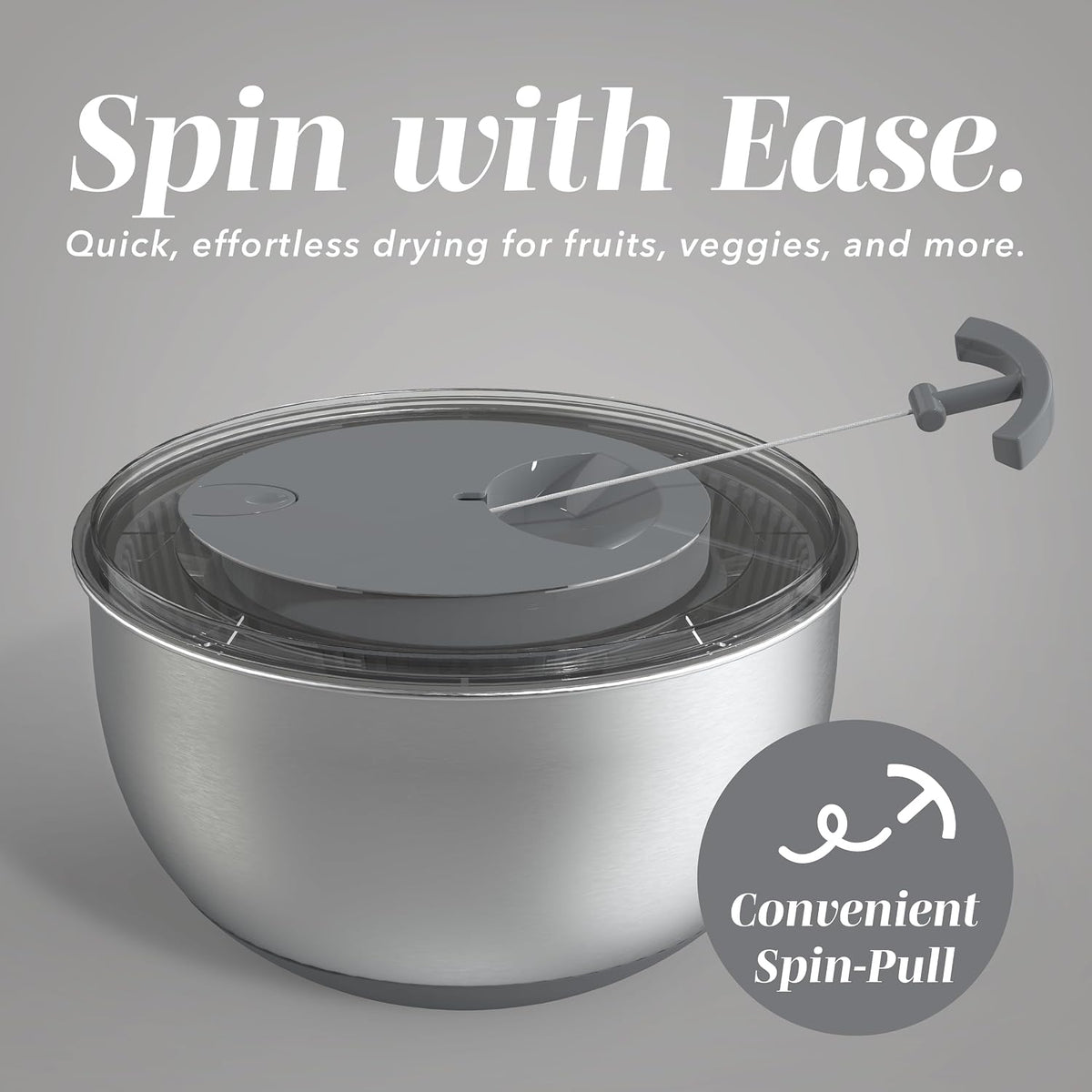 Stainless Steel Salad Spinner - 5 Qt. Lettuce Washer And Vegetable Spinner Dryer for Easy Salad Prep - Non Slip Base with Pull Handle - Auto Stop Brake System, Stain and Odor Resistant