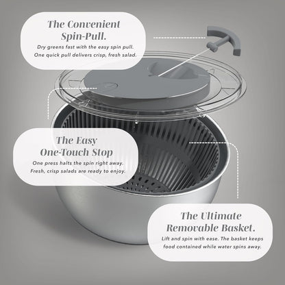 Stainless Steel Salad Spinner - 5 Qt. Lettuce Washer And Vegetable Spinner Dryer for Easy Salad Prep - Non Slip Base with Pull Handle - Auto Stop Brake System, Stain and Odor Resistant