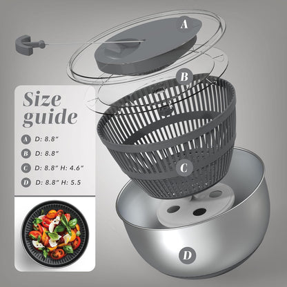 Stainless Steel Salad Spinner - 5 Qt. Lettuce Washer And Vegetable Spinner Dryer for Easy Salad Prep - Non Slip Base with Pull Handle - Auto Stop Brake System, Stain and Odor Resistant