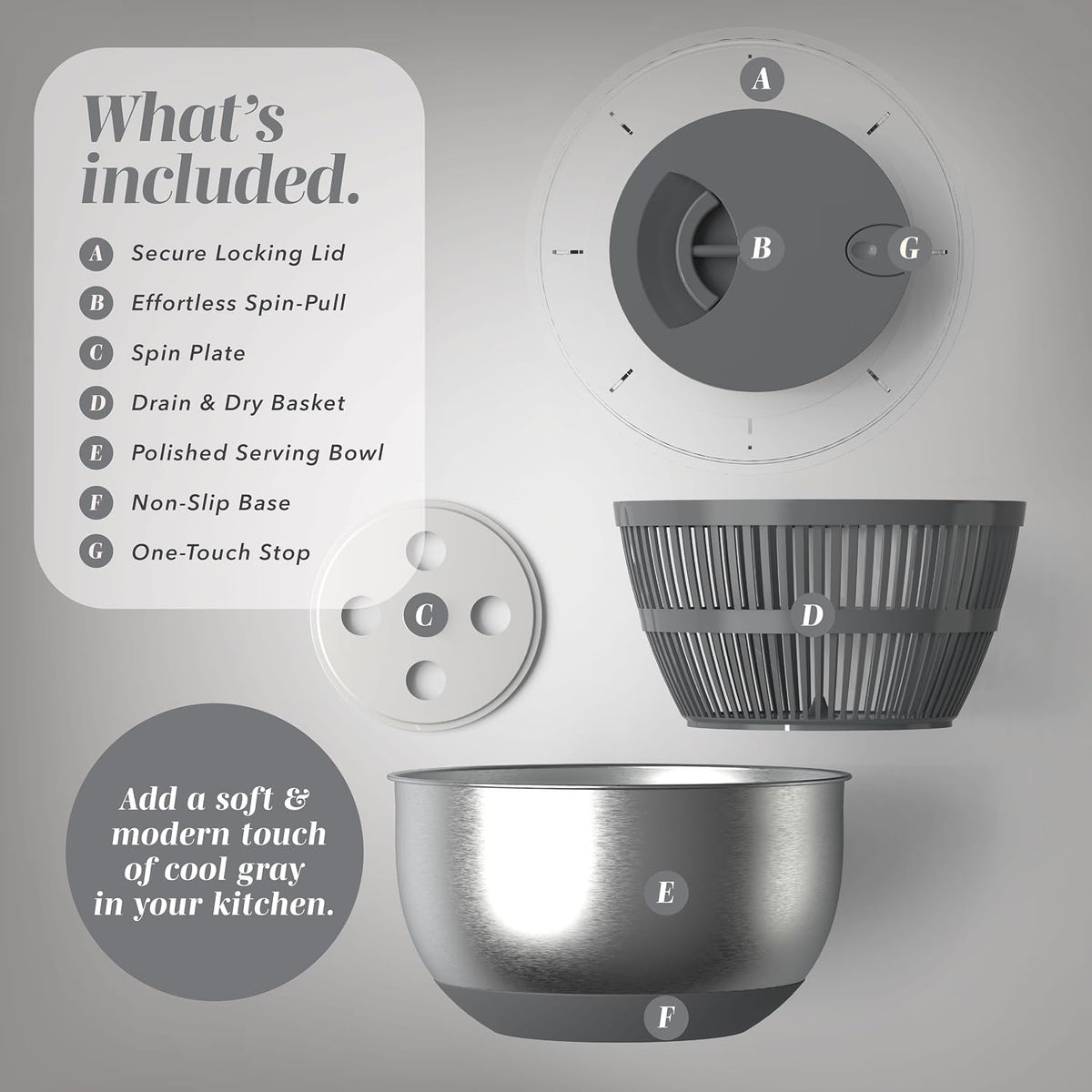 Stainless Steel Salad Spinner - 5 Qt. Lettuce Washer And Vegetable Spinner Dryer for Easy Salad Prep - Non Slip Base with Pull Handle - Auto Stop Brake System, Stain and Odor Resistant