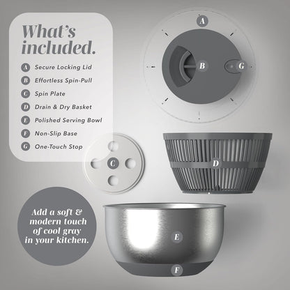 Stainless Steel Salad Spinner - 5 Qt. Lettuce Washer And Vegetable Spinner Dryer for Easy Salad Prep - Non Slip Base with Pull Handle - Auto Stop Brake System, Stain and Odor Resistant
